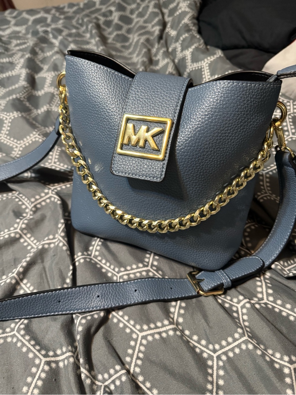 Michael Kors Slate Blue Pebbled Leather Chain-Accent Crossbody